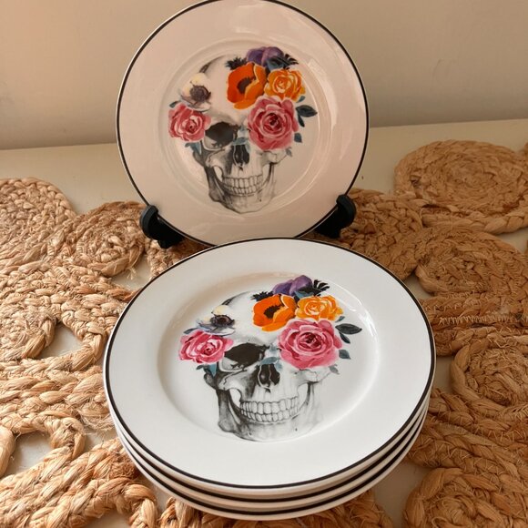 Ciroa Floral Skull Flowers 'Wicked' Series - Set of 4 Dessert Plates - Rare - Picture 2 of 8